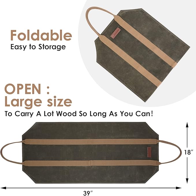 Sturdy Waxed Canvas Firewood Log Carrier, Durable Firepalce Wood Bag with Reinforce Duty Straps Green