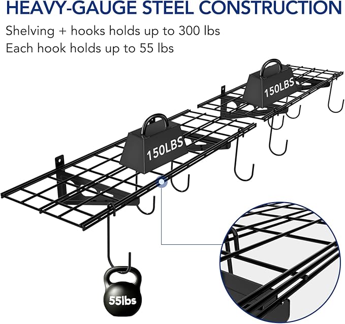 FLEXIMOUNTS Garage Wall Shelving, 2-Pack 1x3 ft, Includes 8 Bike Hooks, Wall Shelf Garage Organization System w/Bike Hangers, Storage Rack, Floating Shelves, 300 lbs Weight Capacity