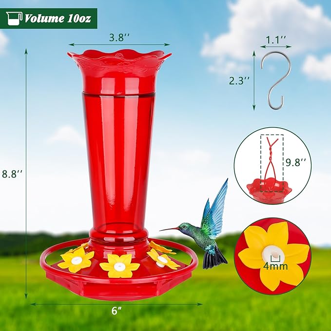 10 OZ Glass Hummingbird Feeders for Outdoors Hanging - Red 2 Pack, Ant & Bee Proof and 6 Feeding Ports, Garden Yard Dรฉcor Gifts for Mom