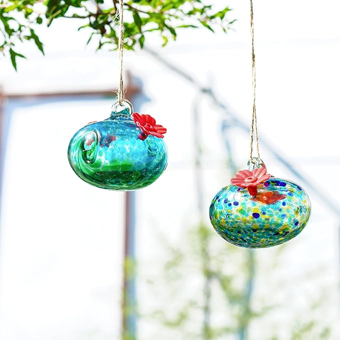 2pcs Small Glass Hummingbird Feeders for Outdoors Humming Bird Feeder with 2 Flower Feeding Ports for Window Garden Patio Decor Blown Glass Hummingbird Feeder for Outside
