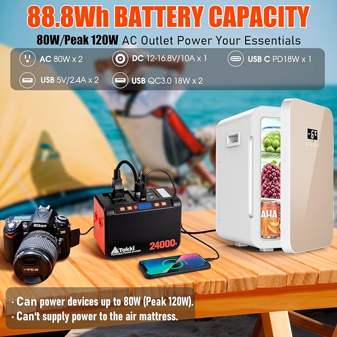 Takki 88.8Wh Portable Power Station Lithium Battery Solar Generator Power Bank with 120W Peak AC Outlet Battery Backup for Camping Home Use Emergency(Solar Panel Optional)