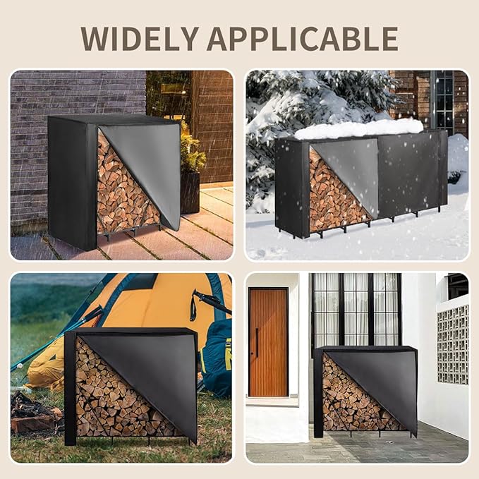 Vailge Firewood Rack Cover 8FT, Waterproof Firewood Rack Outdoor Cover with Full Front Zipper & Windproof Straps, Heavy Duty 600D Oxford Log Protector for All Seasons