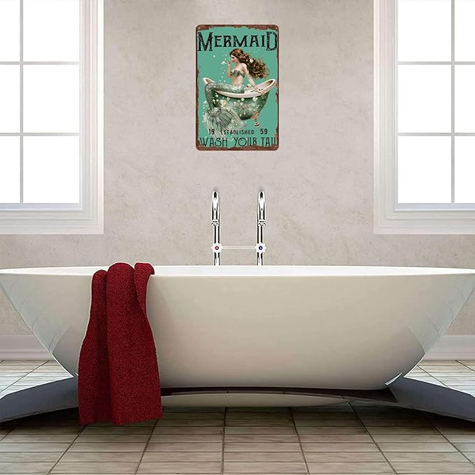 Metal Signs Mermaid Wash Your Tail Retro Tin Sign for Home Office Kitchen Bar Cafe Garden Wall Decor 12x8 Inch