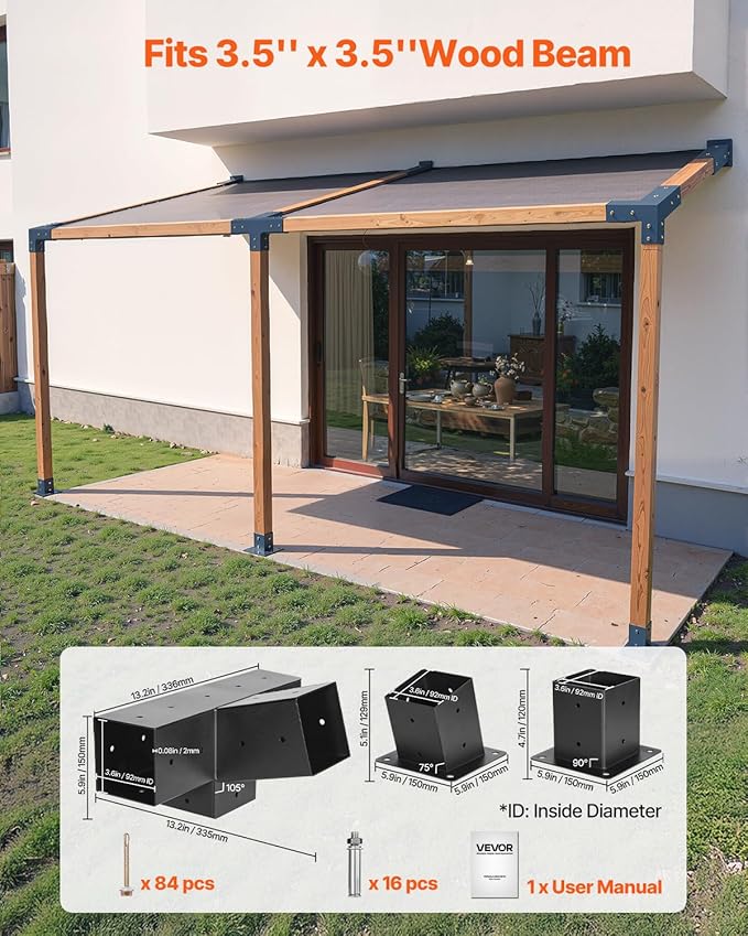 VEVOR Pergola Kit, 4x4 Inch 4-Way Slanted Bracket for 3.5x3.5 Inch Wood Beams in Actual Size, Carbon Steel Pergola Bracket with Post Base and Wall Mount Base, for Outdoor Pergolas, Gazebos, Sheds