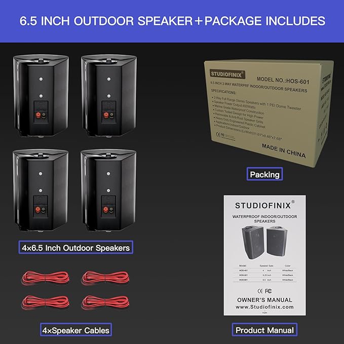 STUDIOFINIX 6.5 Inch Indoor Outdoor Speakers Wired Waterproof,Wall Mount Passive Speakers,800Watt Powerful Bass,for Home Patio Porch Garden Covered Deck (2Pairs, Black)