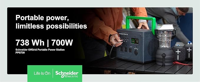 Schneider OffGrid Portable Power Station 738W / 728Wh Portable Solar Generator for Camping or Home, PPS730, Wireless phone charger, solar generator options