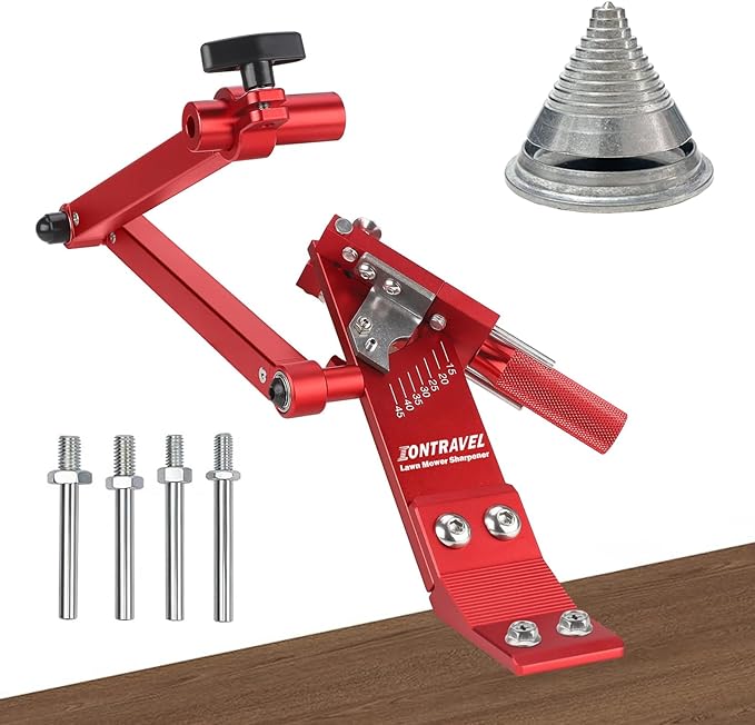 Upgraded Lawn Mower Blade Sharpener with Ball Bearing Manufacture Handle and 15°-45° Adjustable Frame for Straight and Standard Lawnmower Blades,Blade Sharpner Kit with Balancer, 5005, Red