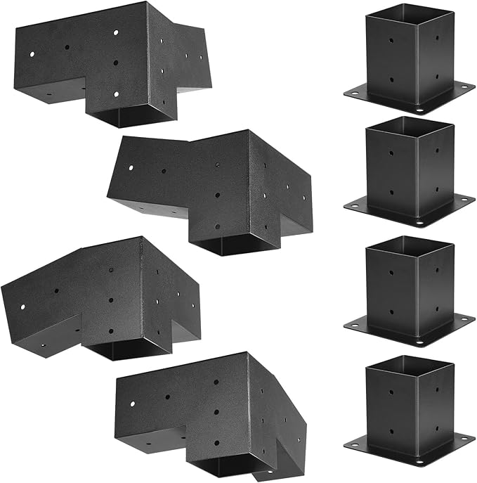 VEVOR Pergola Kit, 4x4 Inch 3-Way Slanted Bracket for 3.5x3.5 Inch Wood Beams in Actual Size, Carbon Steel Pergola Bracket with Screws and Post Bases, for Outdoor Wood Pergolas, Gazebos, Sheds, 8 Pcs