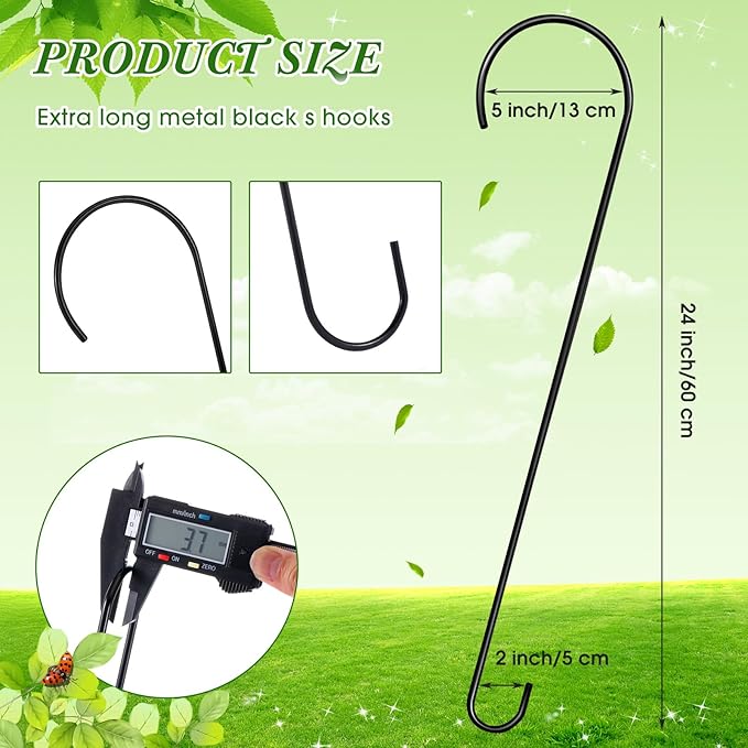 12 Pack 24 Inch Large S Hooks for Hanging Plants Black Metal Plant Hanger Long Tree Hooks Plant Hooks Outdoor Hanging Hooks for Tree Branch, Bird Feeder, Basket, Lantern Indoor Closet Garden