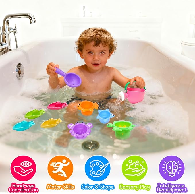 10PCS Baby Bath Toys for Kids Ages 1-3 Mold Free Water Toys for Toddlers 12+ Months Fun Bathtub Pool Beach Toys Safe Early Learning Water Table Toy for 2-6 Years Old Christmas Birthday Boys Girls Gift