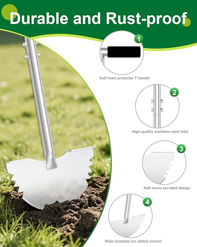 Serrated Edger Lawn Tool - Half Moon Shovel with Softer T-Handle, Lawn Edger for Yard, Garden, Landscaping, Sidewalk, Cable Burial - Ergonomic Design, Rust-Proof, 38 in