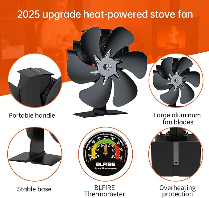 Wood Stove Fan Heat Powered | 6- Blade Thermoelectric Fireplace Fan | Eco Cocoon Fan Non Electric w/Stove Thermometer | Stove Accessories
