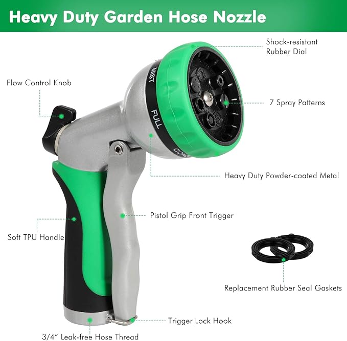 RESTMO Garden Hose Nozzle, Heavy Duty Metal Water Hose Nozzle with 7 Adjustable Spray Patterns, High Pressure Hand Sprayer with Flow Control for Watering Plants & Lawns, Washing Cars & Pets