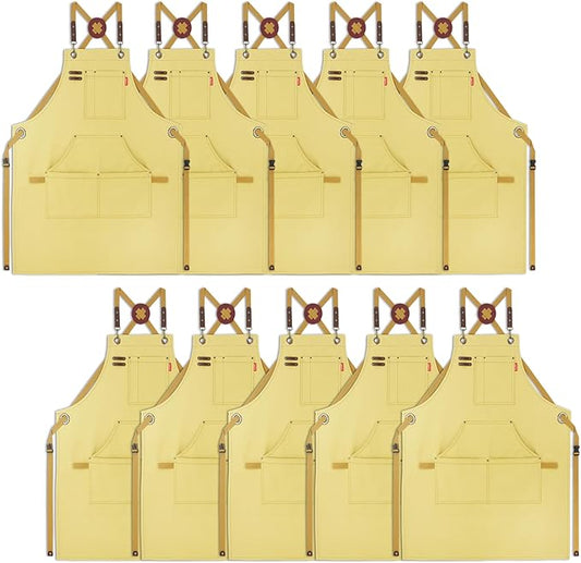 10 Pack Kitchen Apron, Work Apron, Canvas, Multiple Pockets, Gardening, Painting, BBQ, Artist, Carpenter, Sizes M to XXL, Amber
