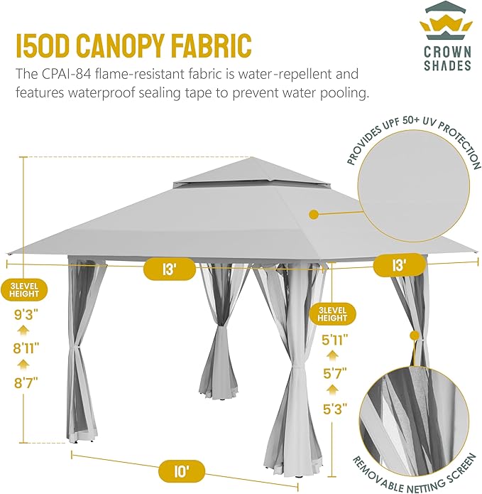 CROWN SHADES 13x13 Pop Up Gazebo, Canopy Tent, Gazebos on Clearance - Outdoor Gazebo for Backyard & Patio Furniture - Carpa Pop Up Tent with Wheeled STO-N-Go Cover Bag (Grey)
