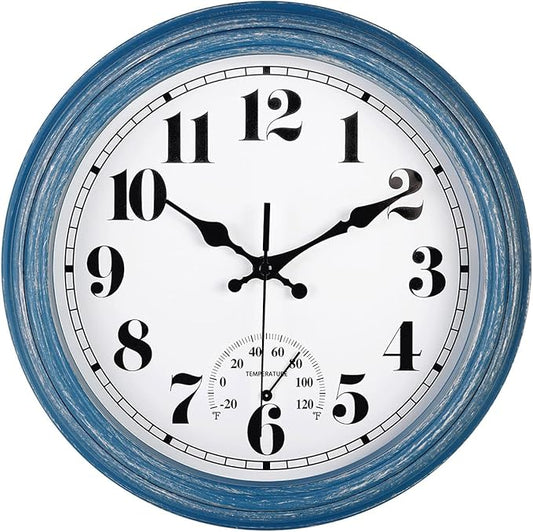 JENLYSTIME 12 Inch Indoor/Outdoor Retro Waterproof Wall Clock with Thermometer Silent Round Quartz Battery Operated Easy to Read Decorative for Kitchen Patio,Bathroom,Deck,Porch,Pool(Blue)
