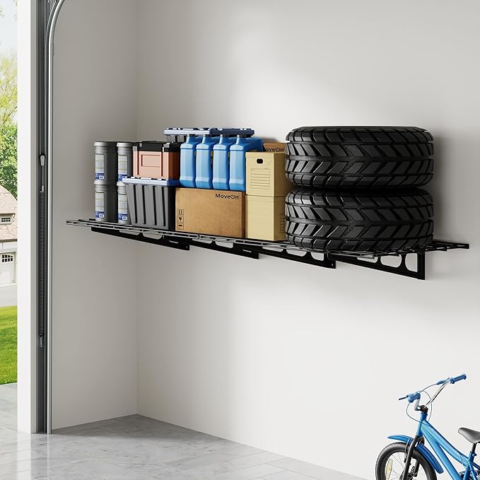 FLEXIMOUNTS 2x6ft Garage Shelving Wall-Mounted, 1-Pack Heavy-Duty Wall Shelving, Holds Up to 400 lbs, Garage Storage Rack for Organization & Storage Bins, Black