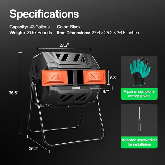 VIVOSUN Outdoor Tumbling Composter Dual Rotating Batch Compost Bin, 43 Gallon Orange Door