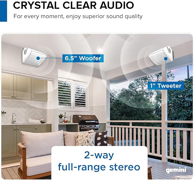 Gemini Sound GHSI-W650BT 6.5" Outdoor Bluetooth Speakers – Wired Powered IP44 Waterproof Wall Mount Pair for Patios, Rust-Proof Aluminum Grills, Expandable to 16 Speakers, Immersive Sound (White)