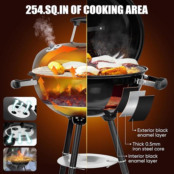 18 Inch Charcoal Grill, HaSteeL 2-In-1 Kettle Outdoor Barbecue Grill, Portable Black BBQ Grill for Camping/Backyard/Patio/Picnic, Porcelain-Enameled Lid & Fire Bowl, 254.SQ.IN Cooking Area, 13-Piece