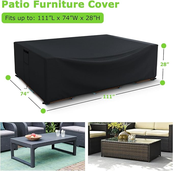 Patio Furniture Covers Waterproof, Heavy Duty 600D Outdoor Furniture Covers for Outside Sectional Sofa Set,Tear Resistance and Anti-UV, Black,111"L x 74"W x 28"H