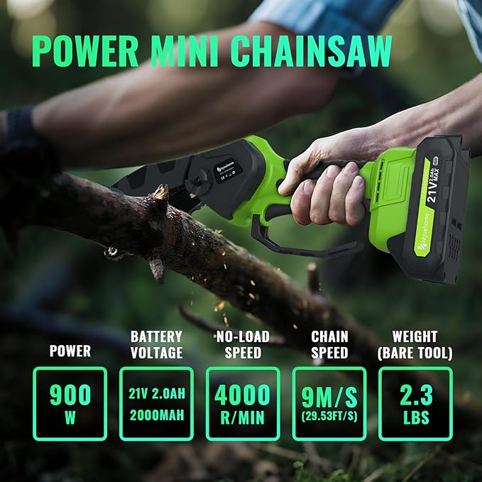 Mini Chainsaw 6inch, Chainsaw Cordless w Automatic Oiler, Handheld Electric Power Chain Saw w Security Lock, Brushless Motor,Chainsaws for Wood/Trees Trimming (Green - 1 battery, 6 INCH)