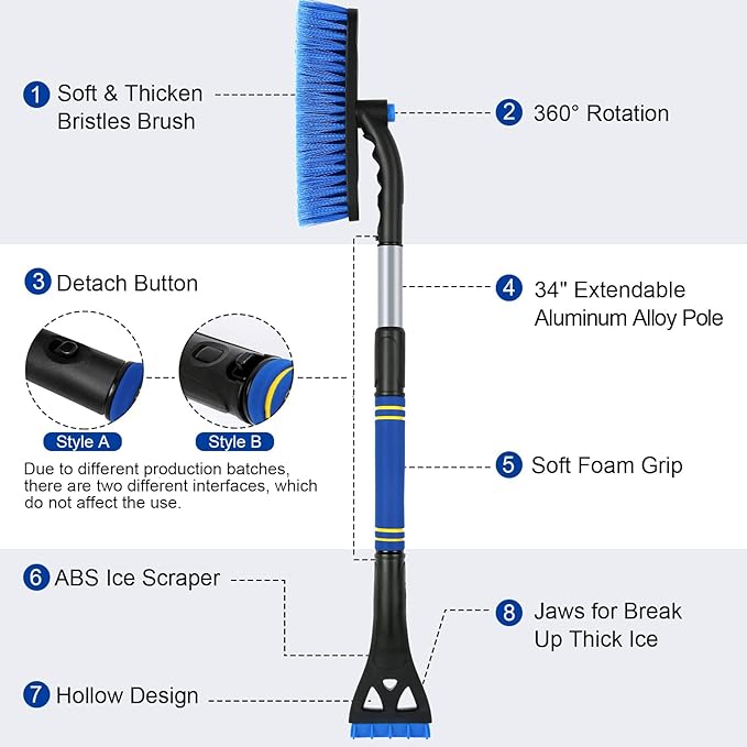 2PCS Ice Scrapers for Car Windshield, 2-in-1 Snow Scraper and Snow Brush for Car SUV Truck, Car Ice Windshield Scraper for Ice and Snow with 360° Pivoting Brush and Ergonomic Foam Grip Blue