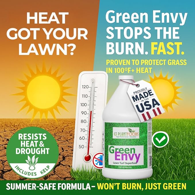 GS Plant Food Green Envy Liquid Lawn Food - Summer-Ready Organic Fertilizer for Heat-Stressed Lawns, All Grass Types (1 Gallon)