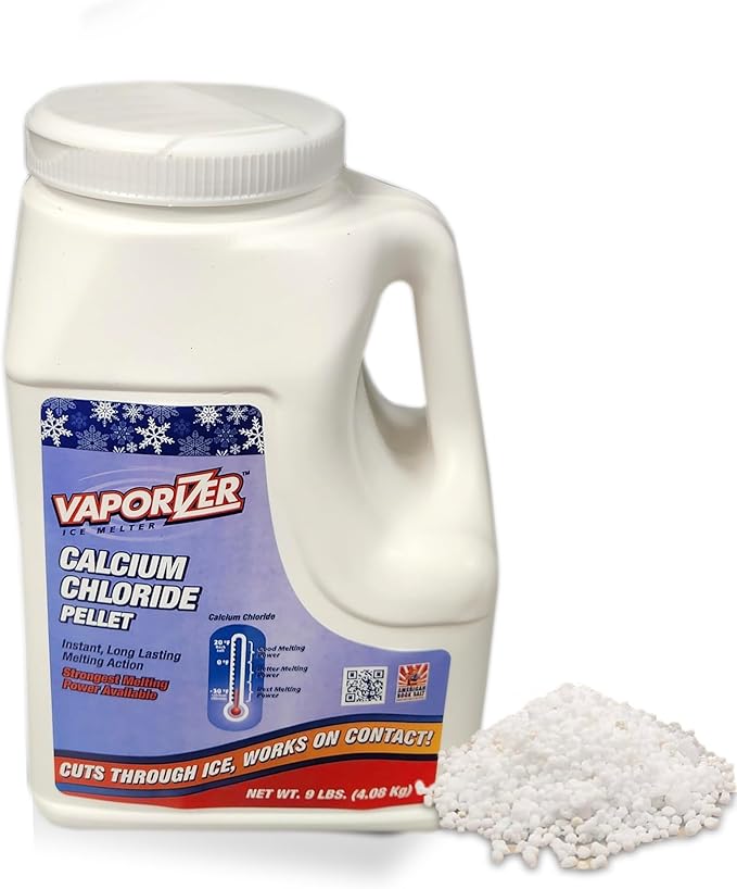 Vaporizer 90% Pure Calcium Chloride Snow & Ice Melt Pellets | Effective at -25° | 9 lb Jug | Concrete Safe Ice Melt | Easy Spreader