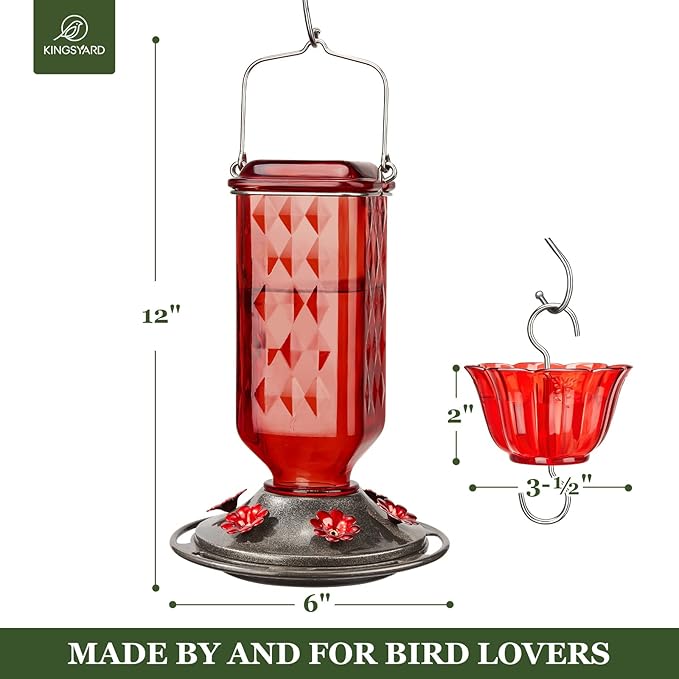 Kingsyard Glass Hummingbird Feeder for Outdoor Hanging, 24 Ounces, 6 Feeding Ports, Bird Nectar Feeder for Garden Décor, Ant Moat Included, Red