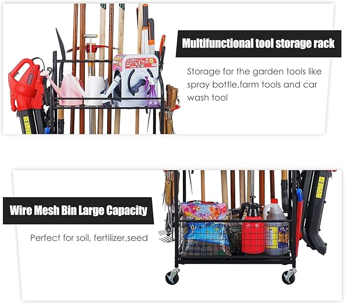 Mythinglogic Garden Tool Organizer for Garage, Yard Tool Rack with Wheels, Garage Organizers and Storage Holder for Yard Tools (Deluxe Tower)
