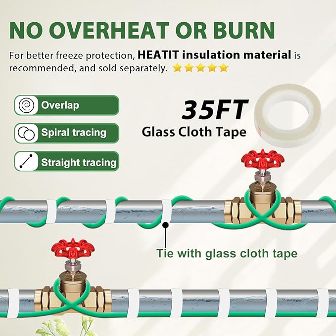 HEATIT Heat Tape for Water Pipe Freeze Protection Self-Regulating Heat Cable for Metal And Plastic Pipes Roof & Gutters De-Icing Heating Trace Tape Anti-Freeze Pipe Heater System 6ft Lighted Plug 16FT