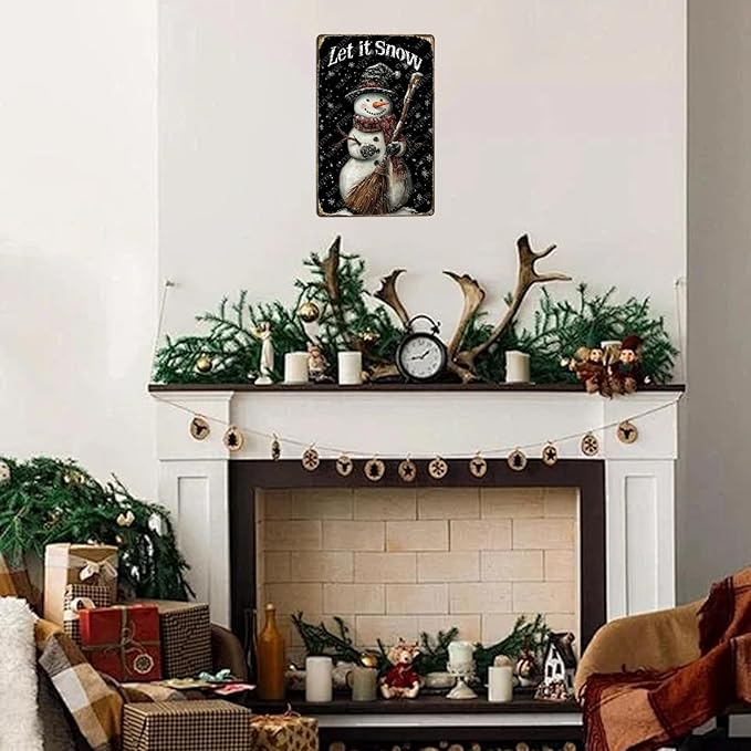 Tin Signs Let It Snow Snowman Metal Sign Snowflakes Winter Aluminum Sign for Farmhouse Outdoor Yard Home Kitchen Office 12×8 Inch