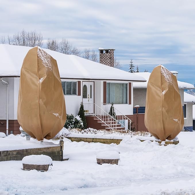 2 Pcs Winter Plant Covers Freeze Protection Reusable Plant Protector Bag with Drawstring Warm Shrubs Cover Frost Protection Planting Jacket Bags for Outdoor Garden, Brown (98.4 x 118.11 Inch)