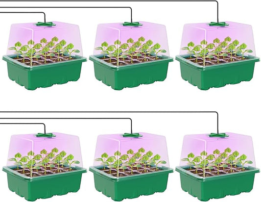 MIXC Seed Starter Kit with Grow Light, Elevated Seedling Tray Kit with Adjustable Humidity Dome and Clear Cell Tray, 12 Full Spectrum Led Beads for Seed Starting Greenhouse, 6 Pack, Green