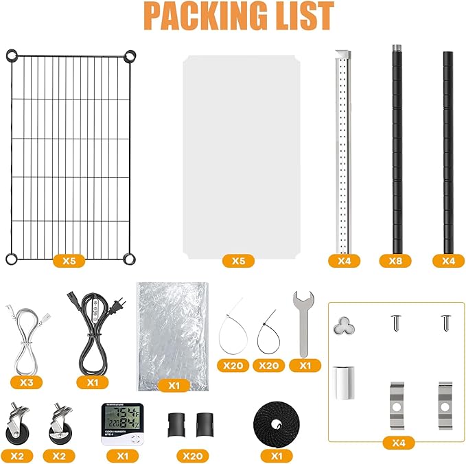 Indoor Greenhouse with Grow Lights, 5 Tier 23.2" L×13.4" W×61.4" H Mini Greenhouse, Grow Light Shelf with Tent and Thermometer, with 72W Full Spectrum Growing Lamps for Seed Starting