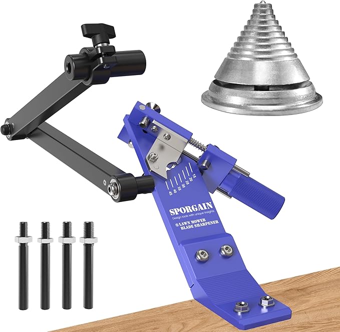 Lawn Mower Blade Sharpener & Lawn Mower Blade Balancer, 15°-45° Adjustable Mower Blade Sharpener and Mower Blade Balancer for Many Types of Mower Blade (Blue)