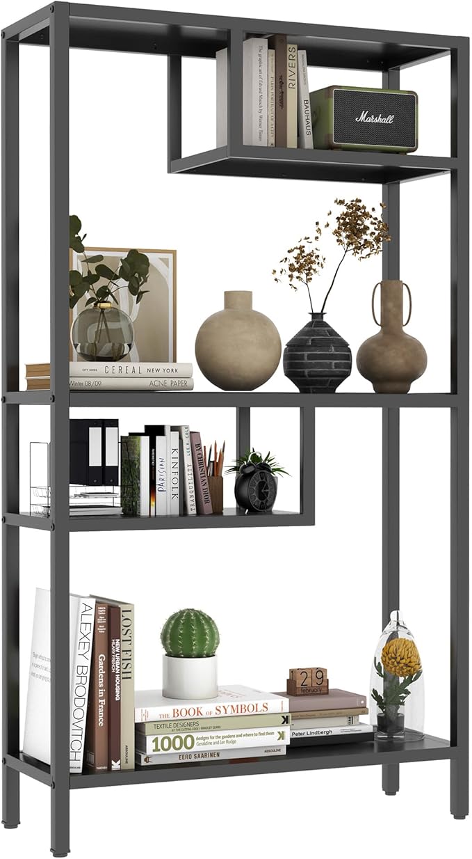 Metal Storage Shelving Unit, Decorative Geometric Bookcase, Modern Freestanding Display Shelves, Tall Book Shelf Unit for Living Room Bedroom Office, Easy Assembly