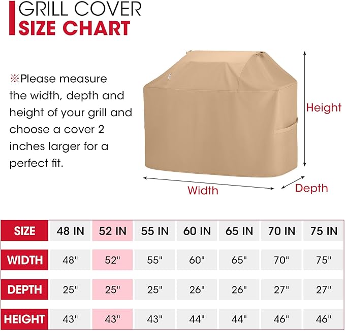 Unicook 52 Inch Grill Cover for Outdoor Grill, Heavy Duty Waterproof BBQ Cover Compatible with Char-Broil Nexgrill and Weber Spirit 2-3 Burner Gas Grills, All Weather Protection, Light Brown