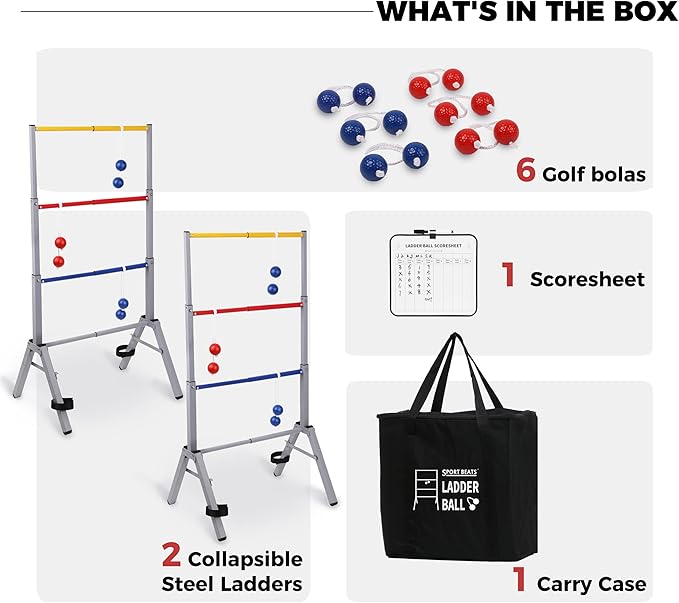 Outdoor Games Ladder Ball Set - Patented Assembly Free Portable Ladder Toss - Steel Frame Includes Carrying Case, 6 Bolas and Scoresheet