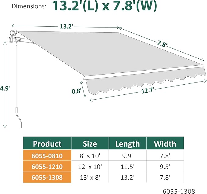 MCombo 13.2x7.8 Feet Manual Retractable Patio Door Window Awning Sunshade Shelter Outdoor Canopy,1308 (Green, 13.2'(L) x 7.8'(W))