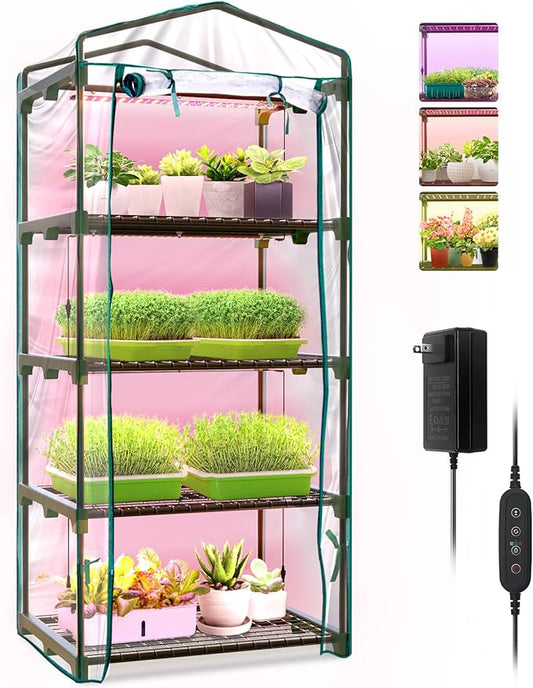 Indoor Greenhouse with Grow Lights, 4 Tier 27.2" Lร19.9" Wร61.8" H Mini Greenhouse with Zippered PVC Cover for Seed Starting Trays, Dimmable 2FT 60W Plant Light for Indoor Plants with Timer