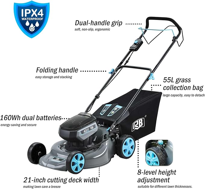 RB 80V Battery Power Lawn Mower 21IN Cordless 7 Cutting Heights Adjustable Lawnmower Brushless Motor Low Noise 4 in 1 Push Mower with Fast Charger and 2 x40V 4.0AH Battery