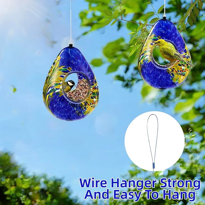 VOREEN Glass Bird Feeder, Fly Through Bird Feeders for Outdoor Hanging, Glass Wild Bird Feeder, for Garden, Yard, Backyard, Deck and Porch Decor, Gift for Mom Wife Friend, Blue Teardrop