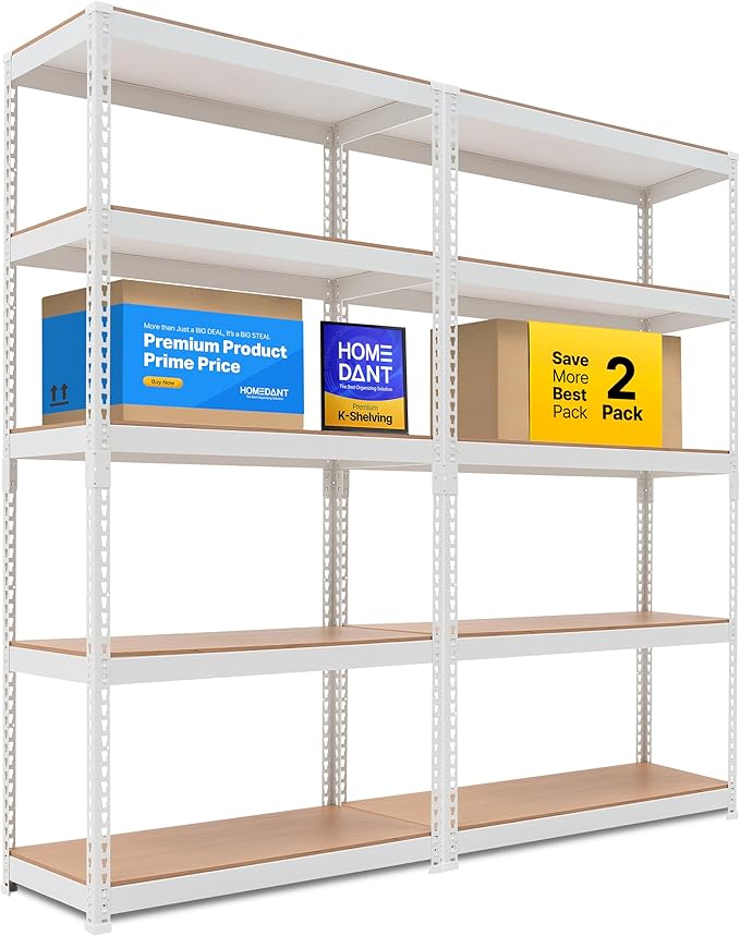 HOMEDANT 5 Tier White Storage Shelves Adjustable Laminated Boltless Garage Metal Shelving Unit Heavy Duty Utility Rack Shelf Warehouse Pantry Closet Kitchen 35.9" W x 16.2" D x 71.3" H White 2Pack
