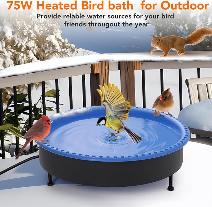 2 in 1 Heated Bird Bath for Outdoors for Winter,75W Bird Bath Heater with Thermostatically Controlled,Heated Bird Bath for Deck Railing for All Seasons Outdoor Garden Yard Patio Lawn(Blue)
