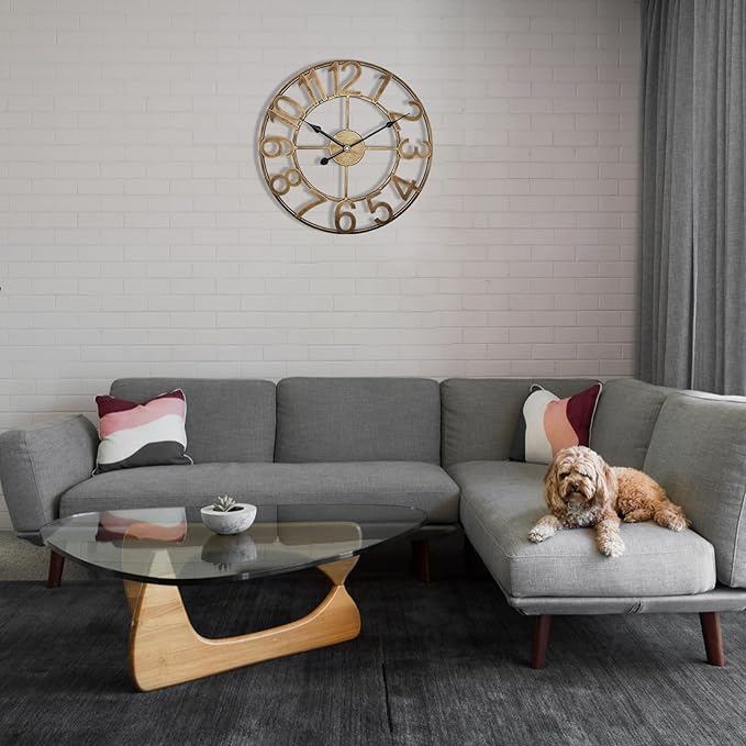 Indoor Outdoor Large Wall Clock Silent Analog Battery Operated, 30 Inch Metal Wall Clock for Patio, Porch, Pool Area, Kitchen, Living Room, Farmhouse Decor - Vintage Gold