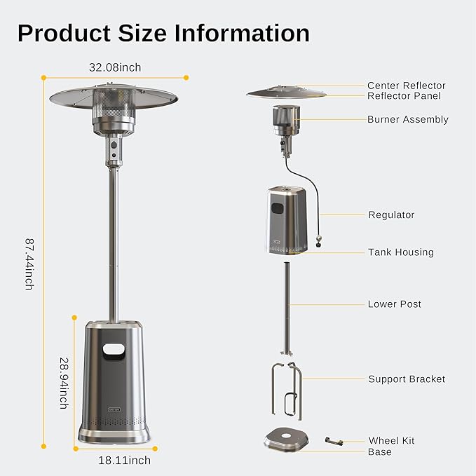 EAST OAK 50,000 BTU Patio Heater for Outdoor Use with Double-Layer Stainless Steel Burner, Square Round Table Design and Wheels, Propane Patio Heater for Home and Commercial, Stainless Steel