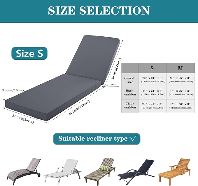 Outdoor Chaise Lounge Cushion Set of 2, Fadesafe Water-Repellent Lounge Deck Reclining Chair Cushions for Patio Furniture Lawn Pool Resort Hotel, 72x21x3 Inch, Dark Grey