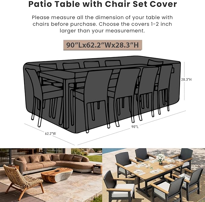 SheeChung Patio Furniture Covers Rectangular 90"L x 62.2"W x 28.3"H,Outdoor Furniture Cover Waterproof,Heavy Duty Outdoor Table and Chair Covers,General Purpose Outdoor Sectional Furniture Cover
